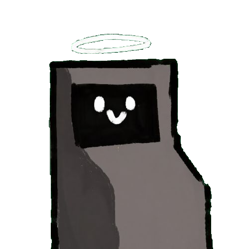 Hand-painted grey printer mascot with a smiling face and white halo